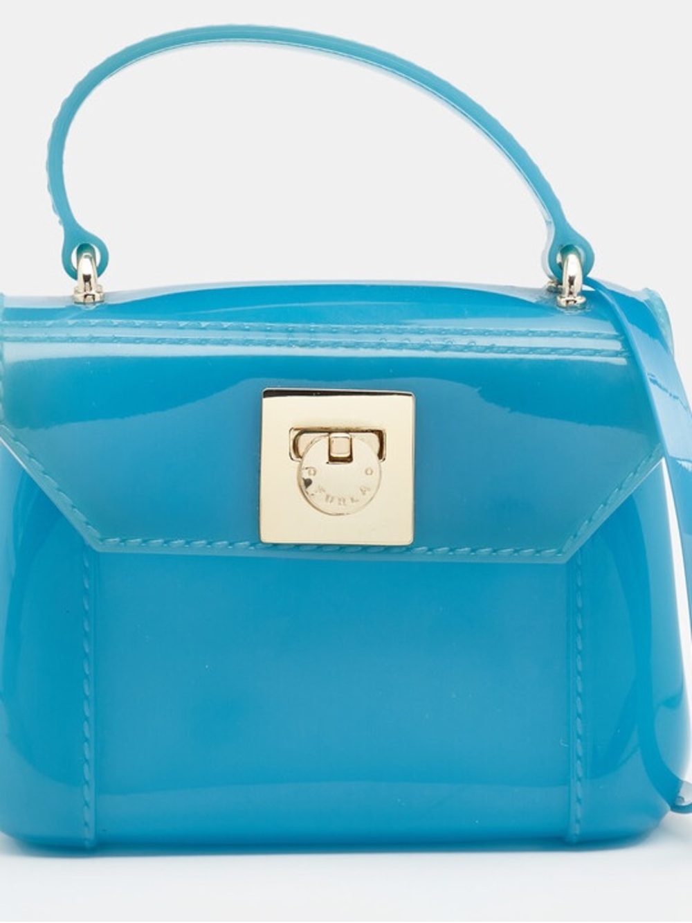 Furla- EUC Small Jelly Bon Bon Patent Teal Blue Mini Crossbody Bag W/ Dusty